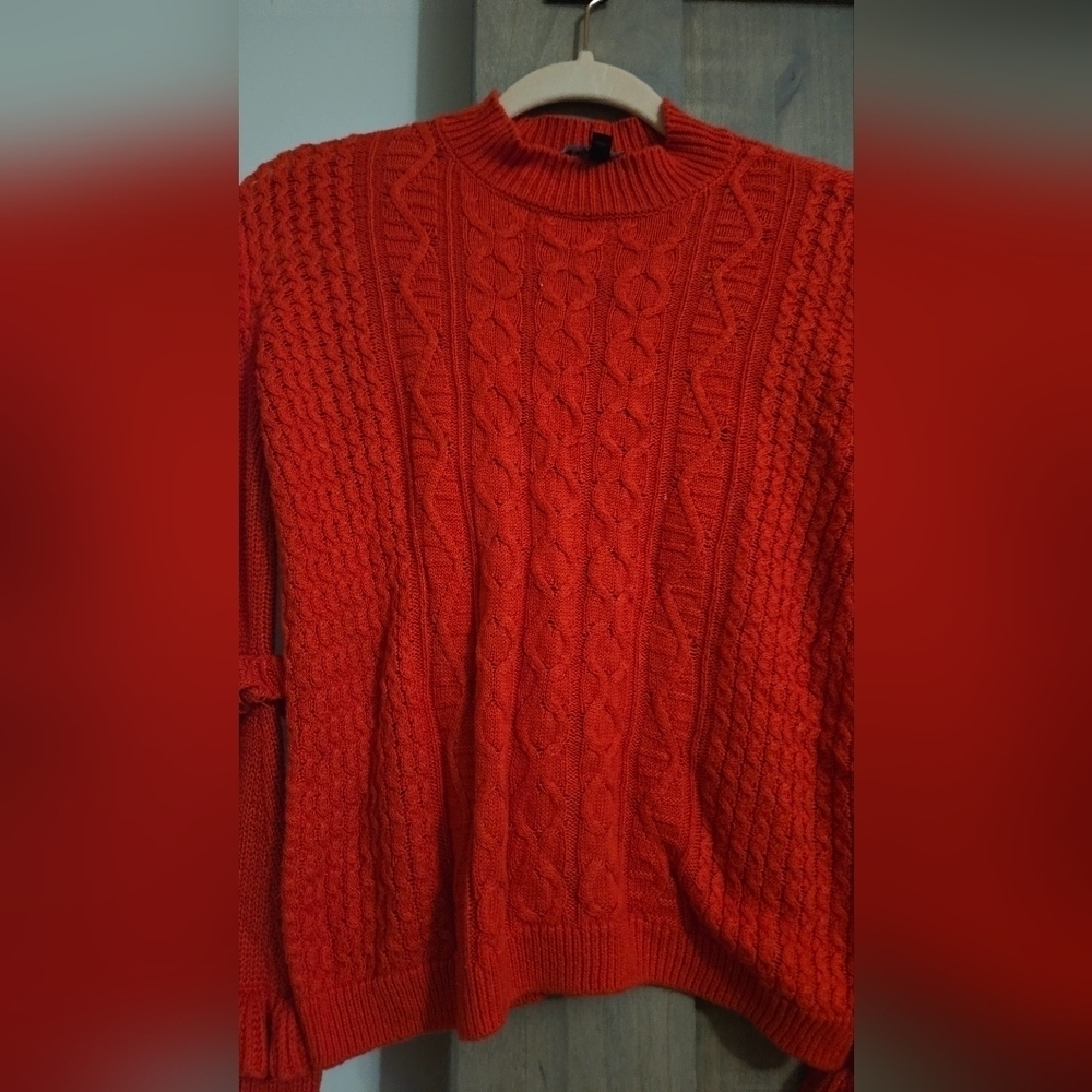 Express Red Cable Knit Cold Shoulder Ruffle Sweater XS - Picture 7 of 11